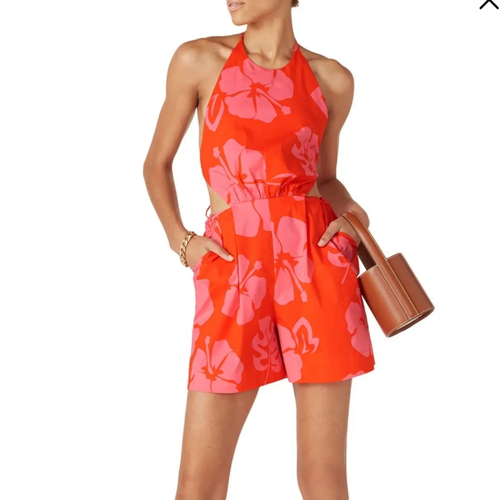 🩹 Staud Georgia red and pink floral open back halter romper size 10